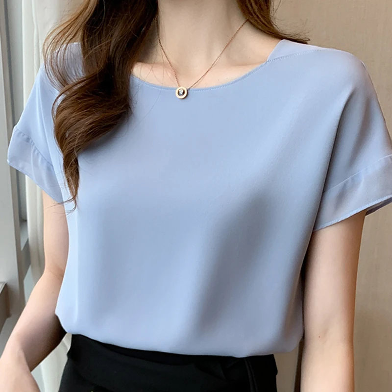 Summer Short Sleeve Women Blouse O-Neck Chiffon Blouse Shirt Tops Blouse Women Blusas Mujer De Moda 2024 Blouses Top Femme F107