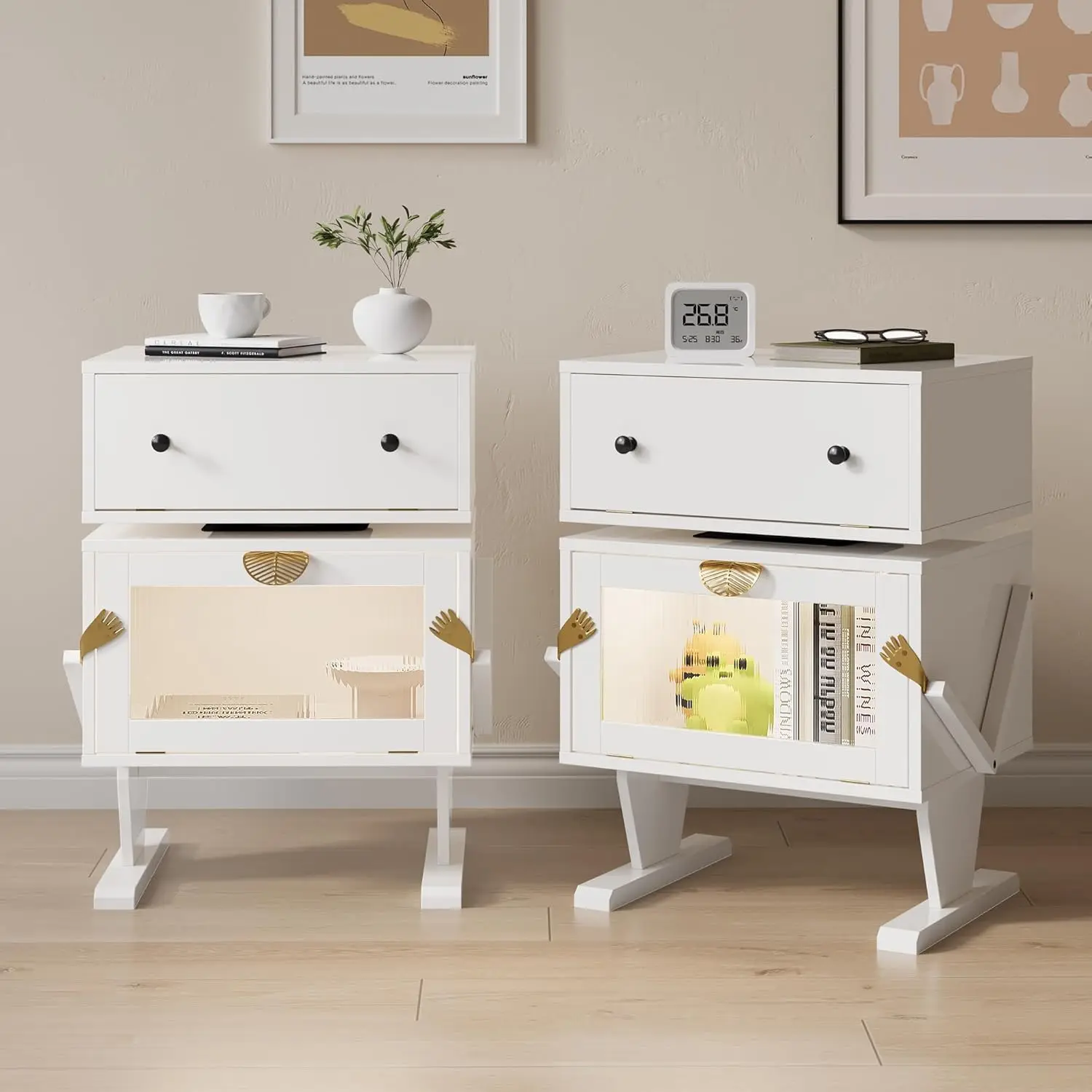 

Комплект из 2 больших прикроватных тумб с LED-подсветкой, белый приставной столик с поворотом на 360 градусов ° Поворотный ящик, современная прикроватная тумбочка с местом для хранения, дерево