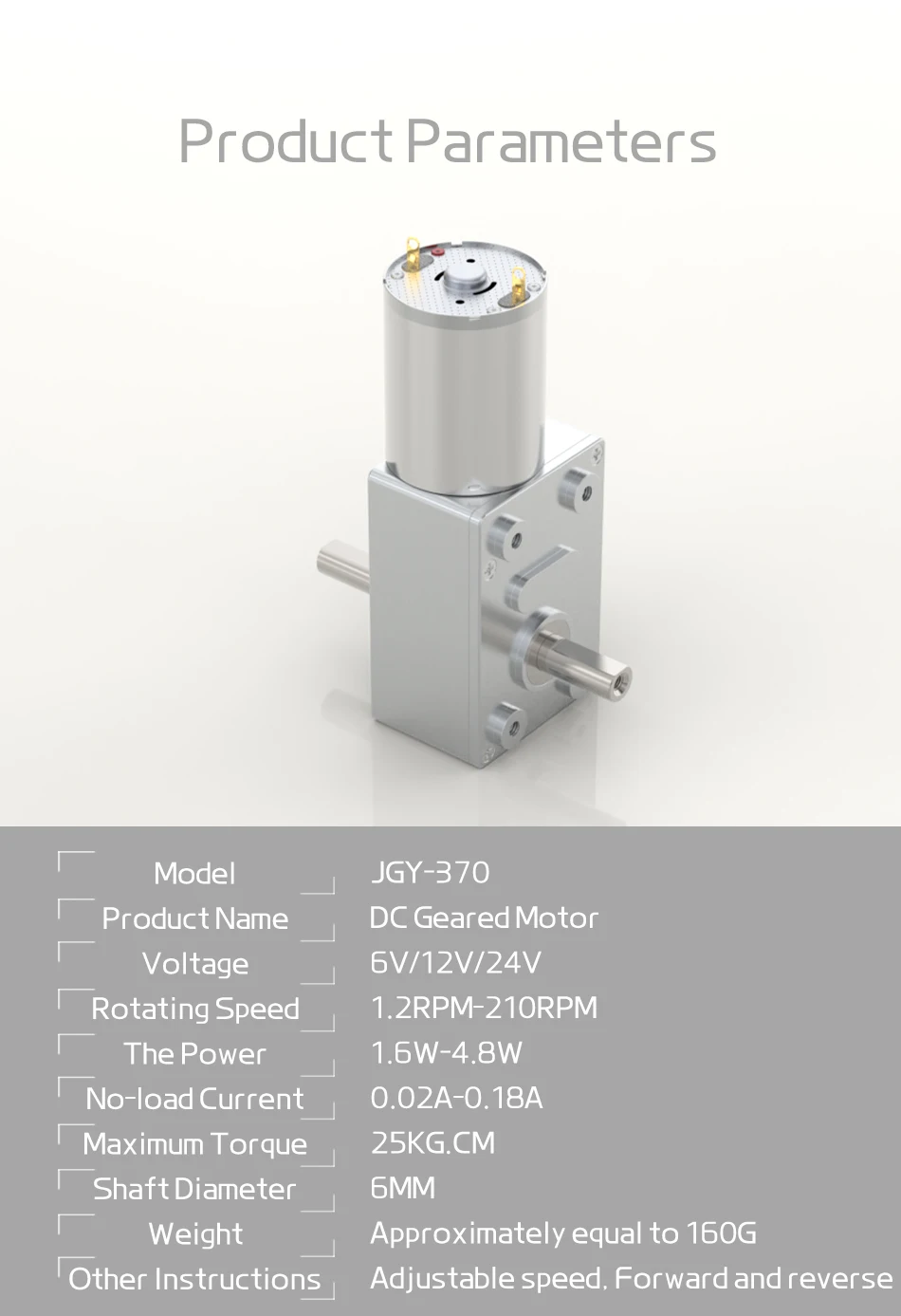 Doppelwellen-Turbo-Schneckengetriebemotor mit Hohem Drehmoment JGY-370 6V 12V 24V DC Elektromotor mit Umkehrfunktion und Selbstverriegelung, Doppelausgangswelle – Detail 16