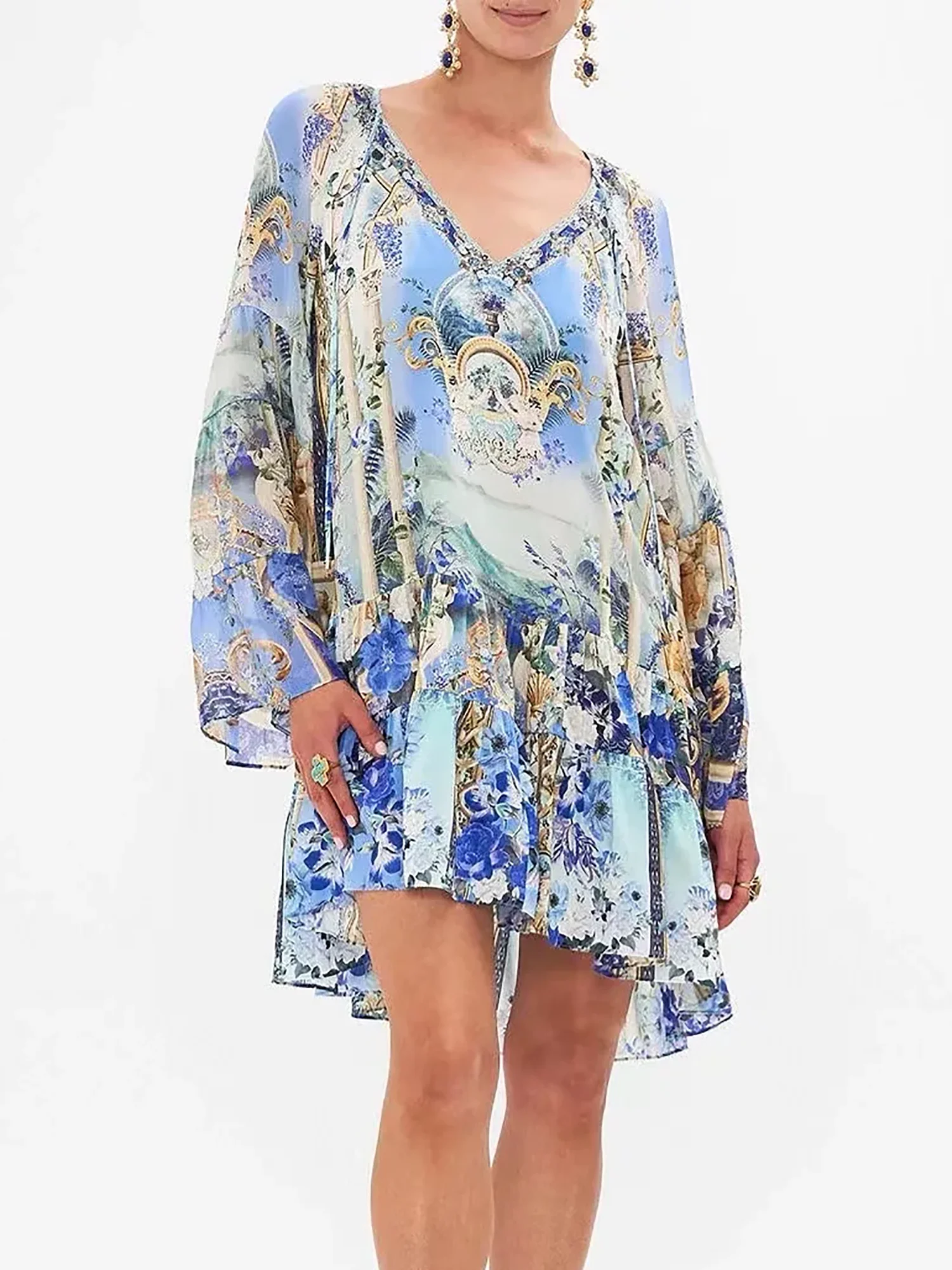 Women's 100% Real Silk Blue Printing Mini Dress Australian Flare Sleeve Boho Diamond Vintage Luxury Runway Designer