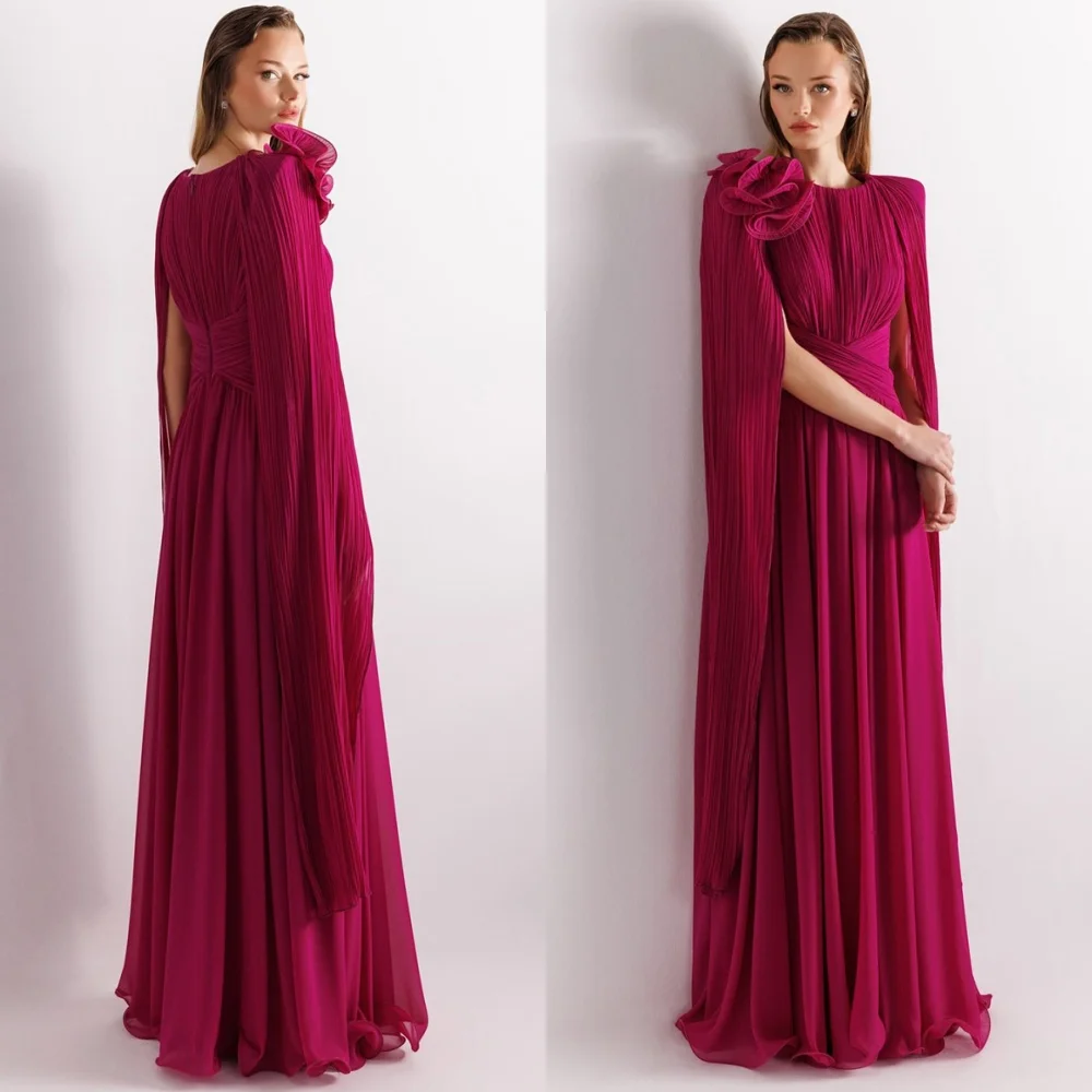 

Customized Romantic Chiffon Evening Dresses Exquisite O-Neck Flowers Celebrity Gowns Luxury Sweep Train Homecoming Dresses