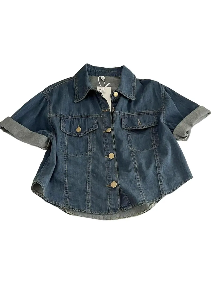 Summer New Design Retro Short Sleeve Denim Jacket Women's Loose Fit Large Size Shirt Korean Style Popular Women's Coat Top