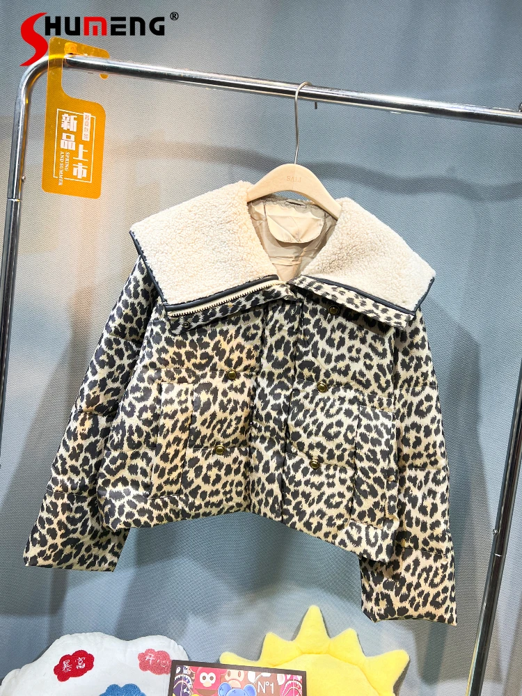 

Female Big Lapel Leopard Print Down Jackets Women's Fashion 2024 New Trendy Long Sleeve Down Coats White Duck Down Bread Jackets