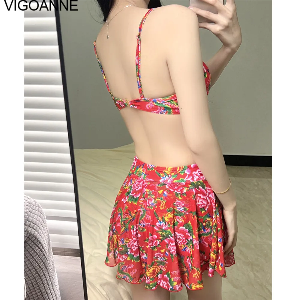 VigoAnne-Conjunto de Bikini estilo bata de manga corta para mujer, traje de baño Sexy con estampado de 3 piezas, traje de baño coreano con realce de cintura alta y espalda descubierta 2025