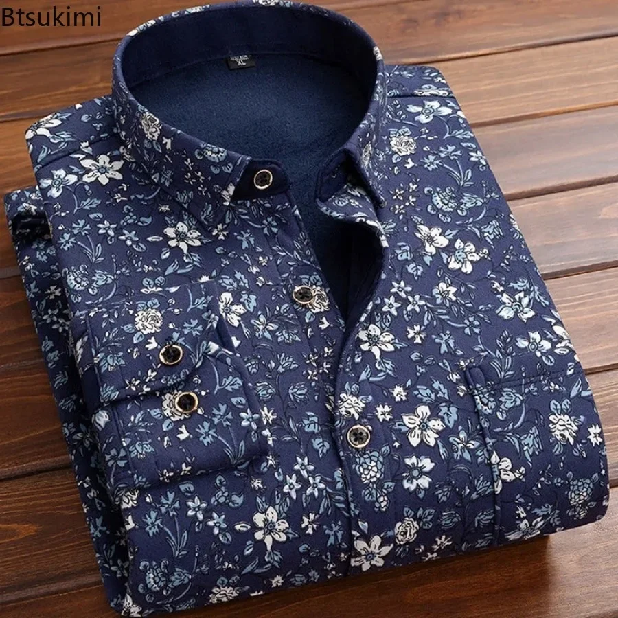 2026 Autumn Winter Men's Fashion Plaid Striped Print Shirts Handsome Men Clothes Long Sleeve Thick Warm Shirts Tops Blouses Male