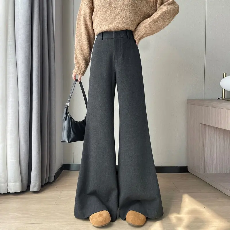 

Новые женские повседневные брюки-клеш из шерсти на флисовой подкладке, с высокой талией, в пол, осень-зима 2026