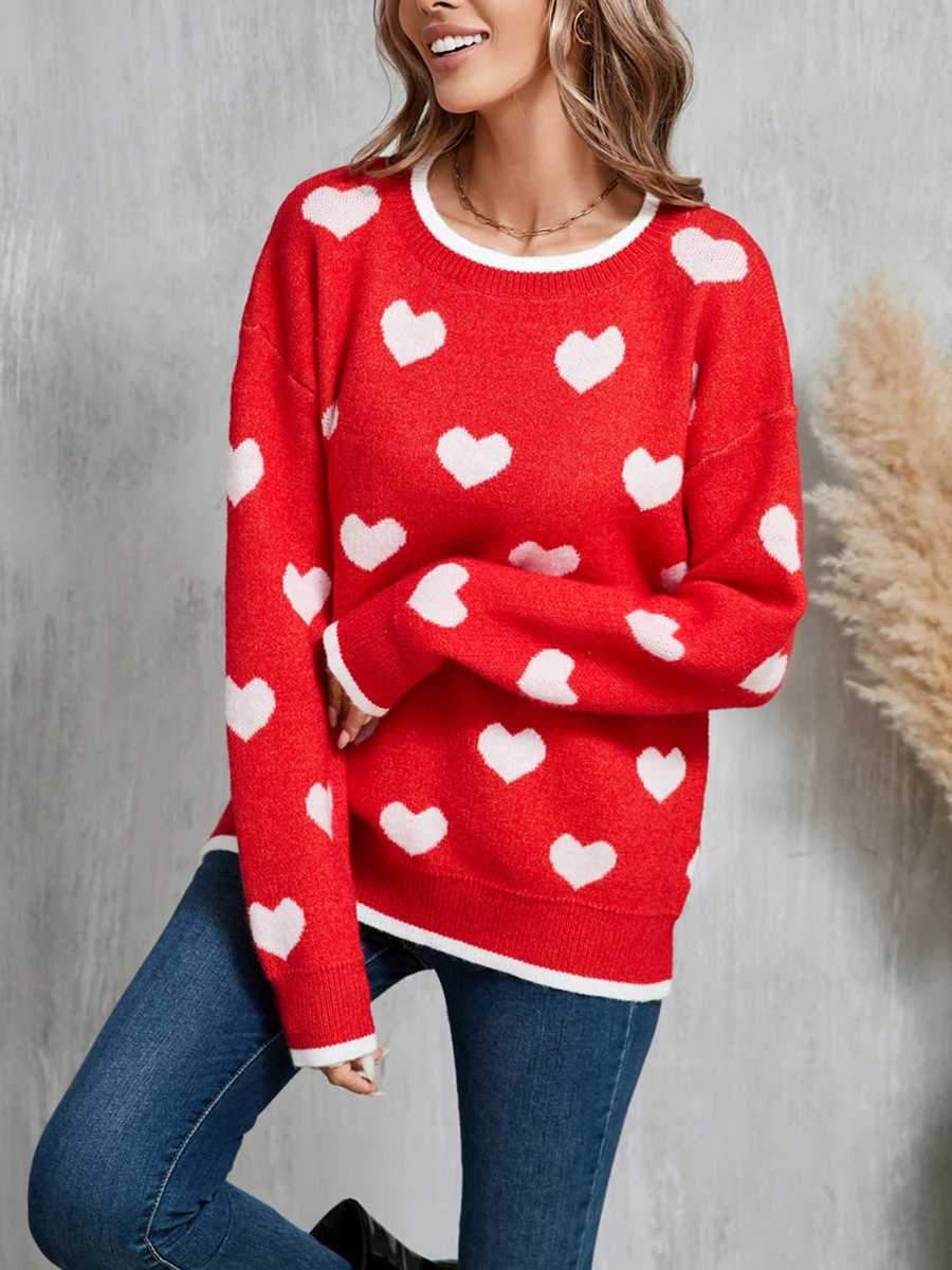 Women's Valentine's Day Knitted Red Sweater Love Pattern Long Sleeve Round Neck Hoodie Autumn/Winter Casual Jumper Top