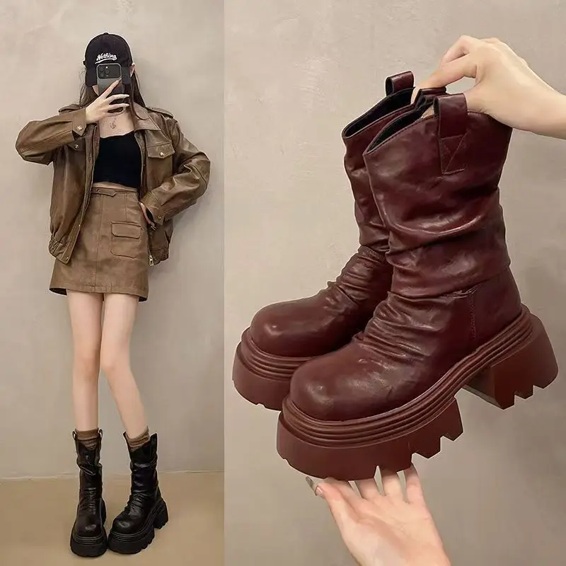 

Winter Autumn Women's Fashionable Boots With Thick Soles Adding Height Featuring Unique Style Being Bright Stylish Suitable
