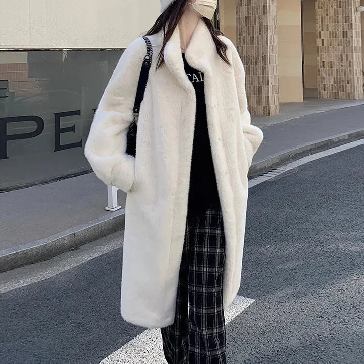 Women's Mid Long Winter Jacket Lapel Single Breasted Faux Mink Double Faced Fur Coat Elegant White Plush jackets Femme Tarf Za