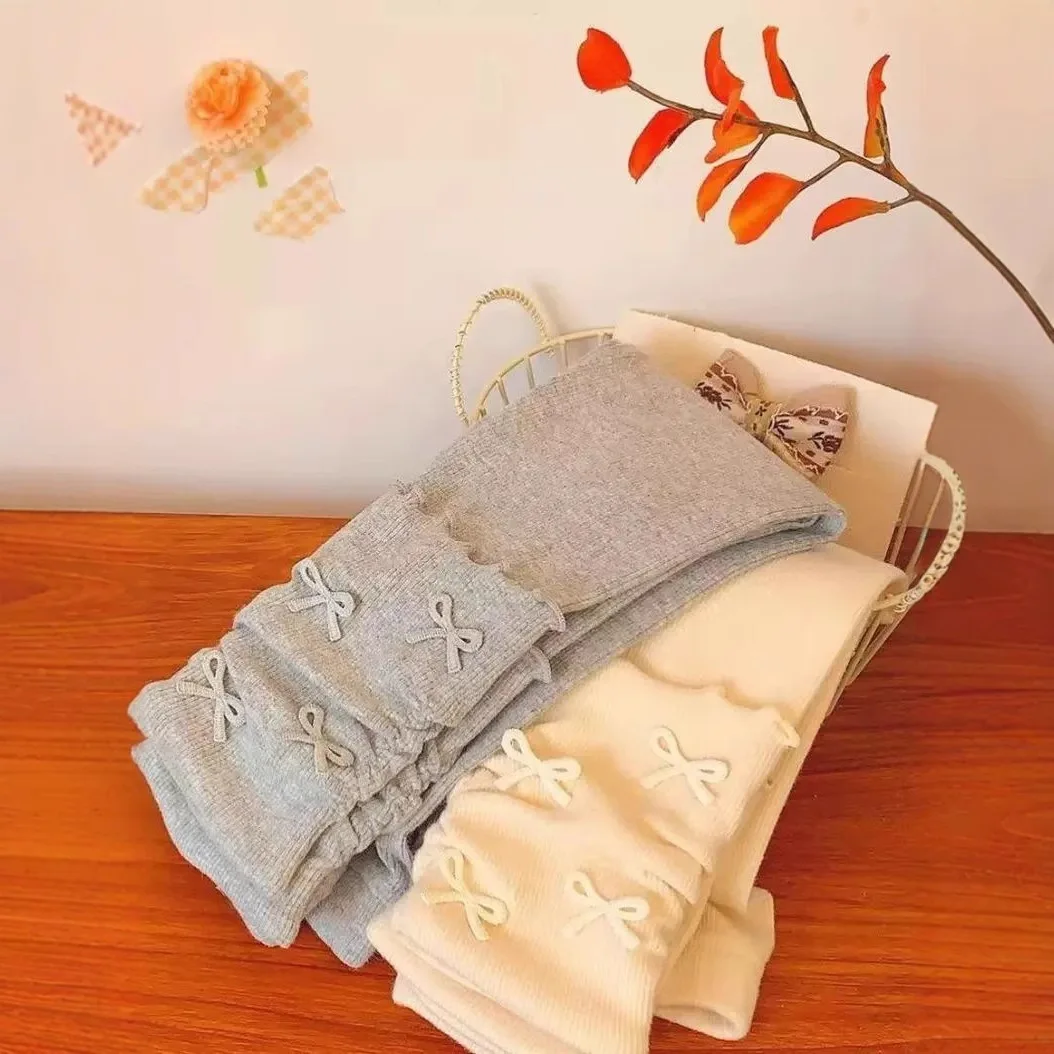 

Весенние и осенние леггинсы для девочек, детские леггинсы с ворсом и бантиками, модные повседневные верхние брюки