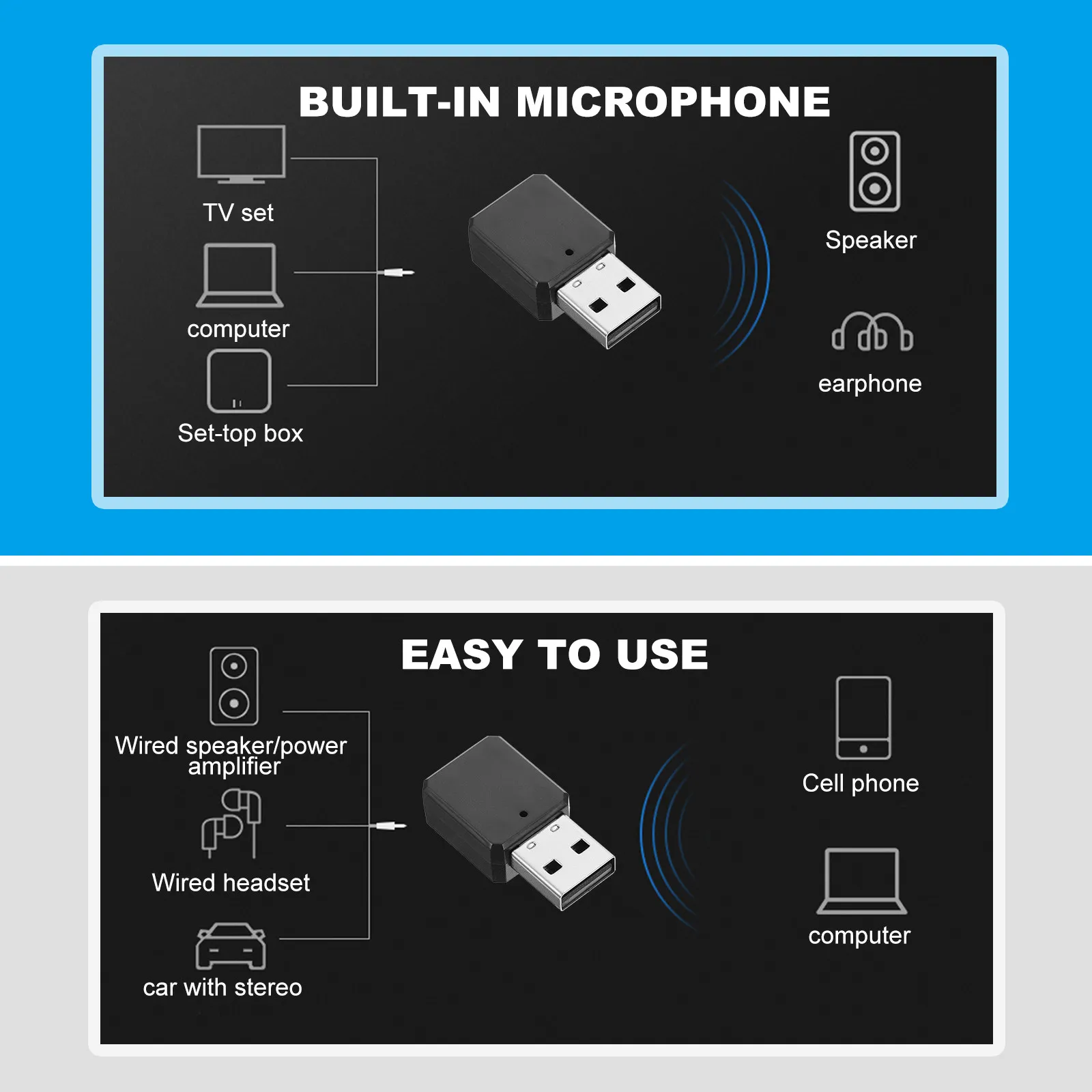 1Set Premium Metal ABS Audio Receiver USB Aux Dual Output Plug and Play Wireless Car Stereo Adapter Handsfree Call