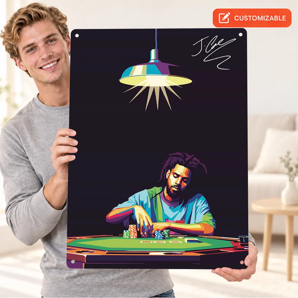 J. Cole Playing Poker Printed Poster Personalized Aluminum Metal Sign Painterly Illustration Wall Art For Music Listening Corner