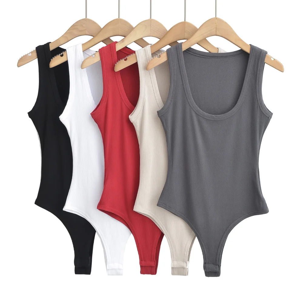 Women's Jumpsuits Deep U Neck Sleeveless Slim Fit Solid Color Tank Tops Cotton Breathable Comfort Bodysuits Sexy Summer