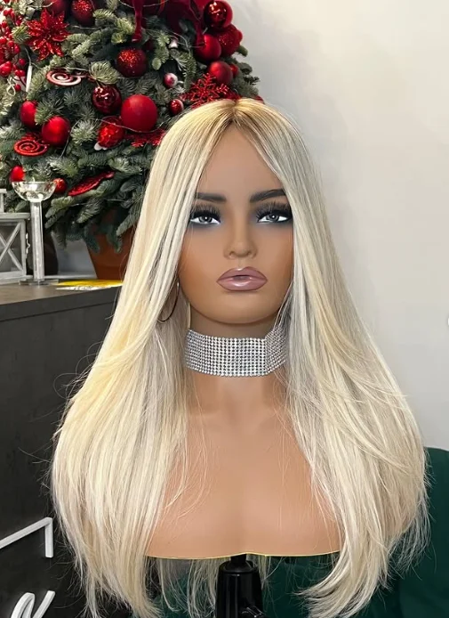 

Women's Middle Parting White Blonde Natural Straight Synthetic Lace Frontal Wig 180% High Density Soft Glueless Wig