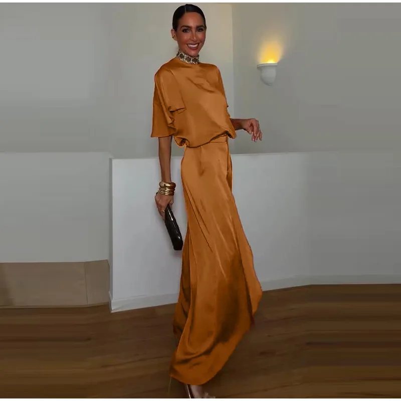O-Ausschnitt Kurzarm Plissee-Oberteil Hosen-Sets Damen Streetwear Einfarbige Lose Blusen-Oberteile Unregelmäßige Weite Hosen Schicke Damen-Outfits – Detail 9