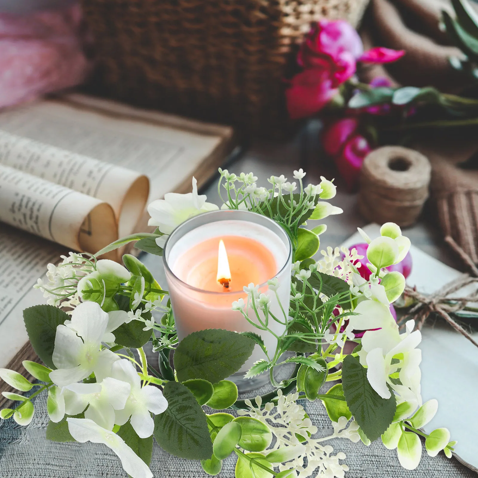 

Purple Artificial Flower Ring Home Wedding Decor European Wax Holder Garland Table Centerpiece Non Withering Easy