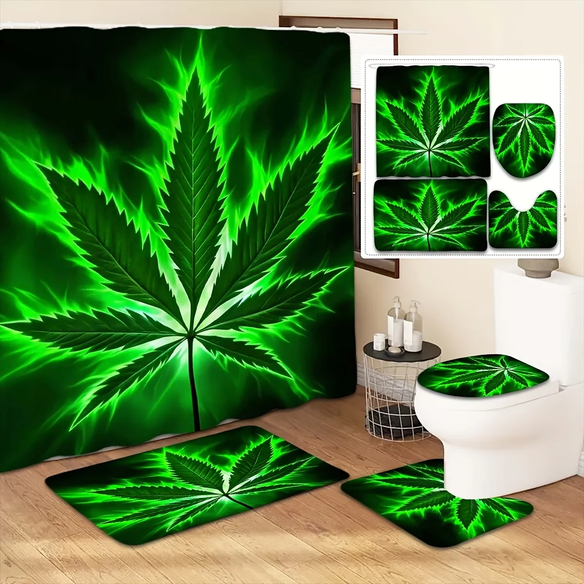 

1/4-piece green leaf shower set: 12 hooks, mat, U-pad, seat cover. Bathroom decor.