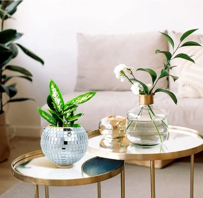 Disco-Spiegelkugel Hängender Blumentopf Sukkulenten-Pflanzgefäß für Innen- und Gartenbereich Wanddekoration Vase mit Holzring-Kette – Detail 18