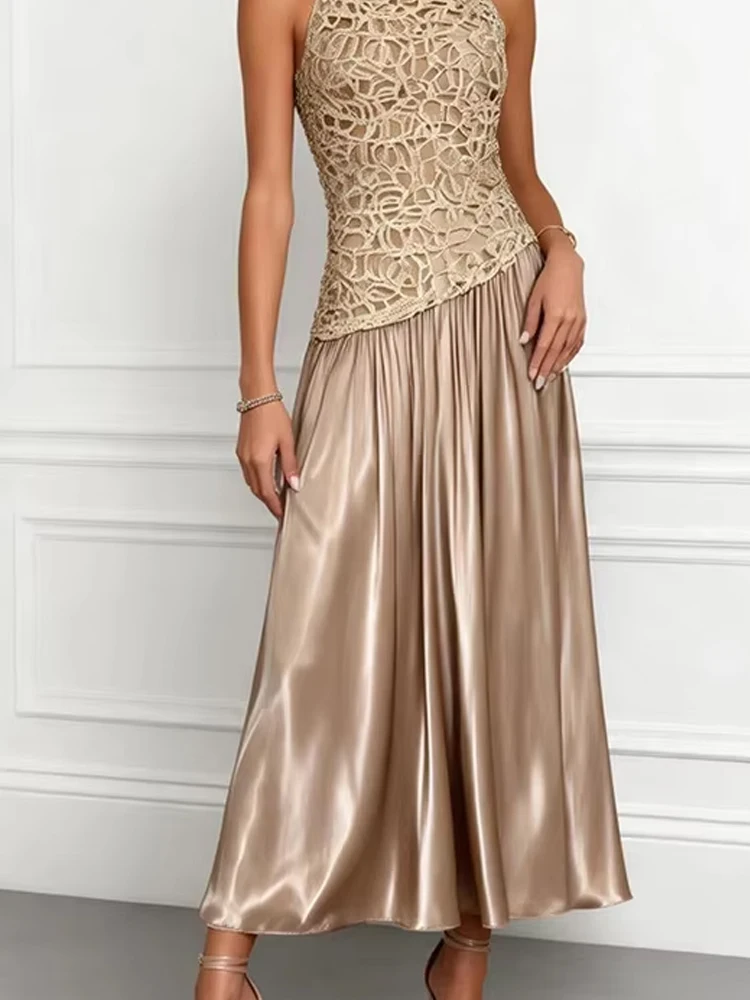 Fashion O-neck Hight Waist Solid Party Dress Women's Elegant Pleated Long Dresses Sexy Sleeveless Lace Embroidery Splicing Gowns