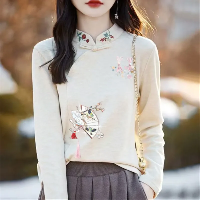 Vintage Women T-shirts Double-sided German Velvet  Embroidered Base Top Chinese Style Stand Up Collar Pullover Ladies Tees