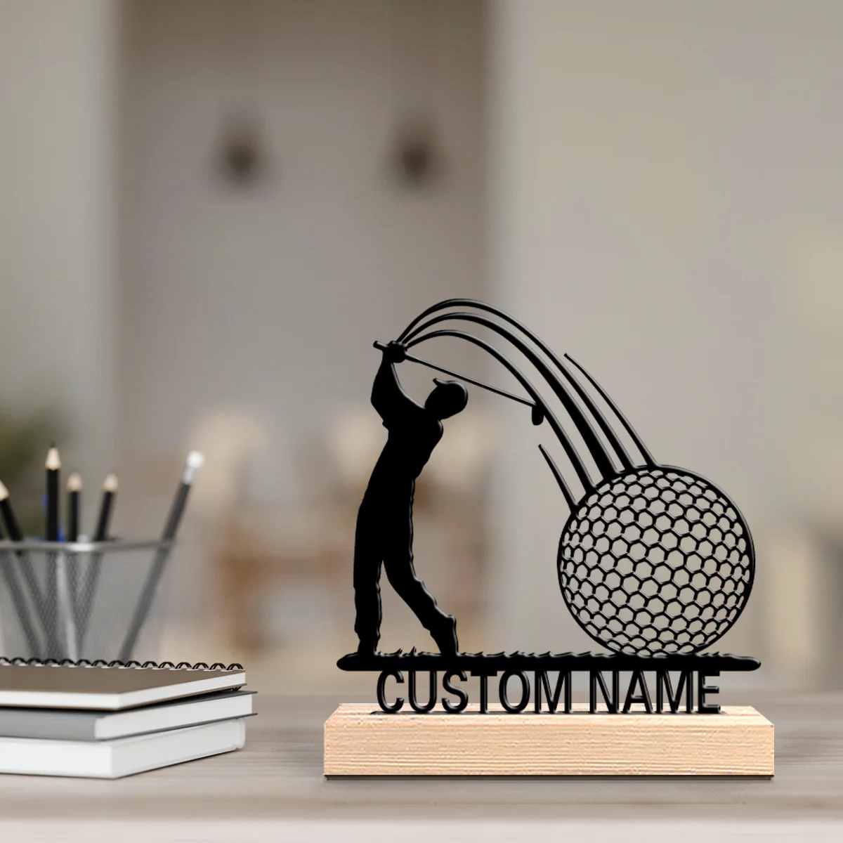 1pc Creative golf Customizable Text Metal Statue Iron Ornament Handicraft With Wood Base Iron Ornament Home Table