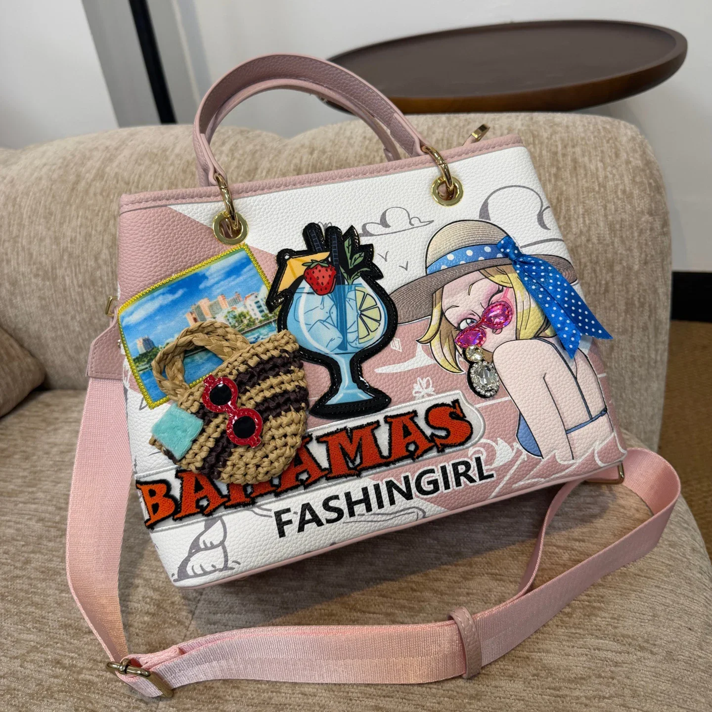 Novelty Summer Vacation 3D Applique Handbag Bahamas Beach Girl Cartoon PU‑Leather Multi‑way Shoulder Cross‑body Ladies Purse