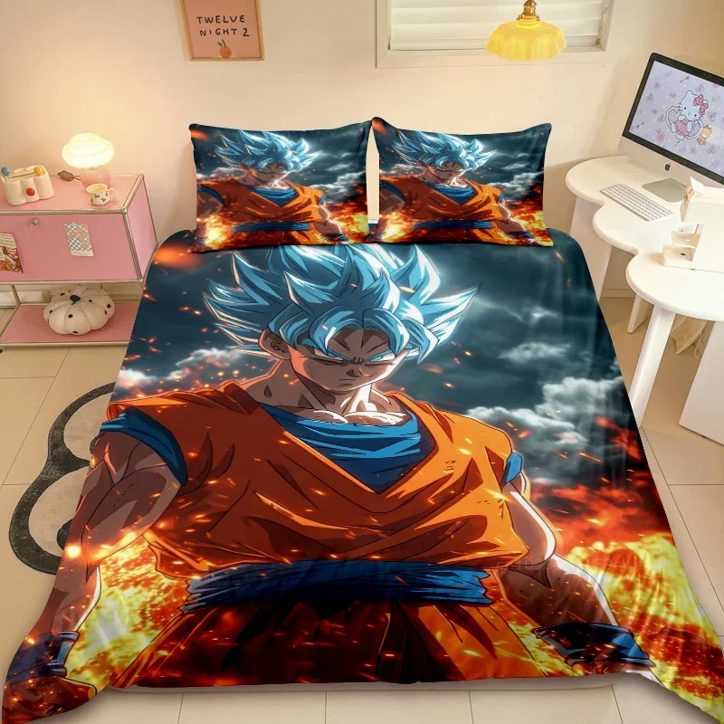 Funda nórdica con estampado de dibujos animados, juego de cama de Anime Super Saiyan Son Goku con bolas de dragón d, juego de funda de edredón doble de tamaño completo para cama