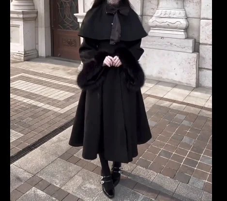 Autumn Winter Japanese Gothic Black Cloak Dark Lolita Elegant Long Sleeve High Waist A-line Coat Temperament Two-piece Sets