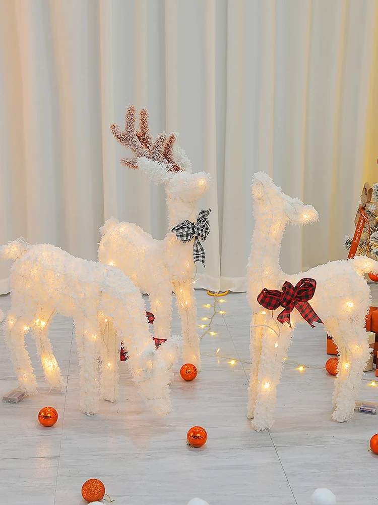 

Christmas Decorations White Flocked Snowman Reindeer Cart Luminous Ornaments Shopping Mall Window Display Scene Arrangement