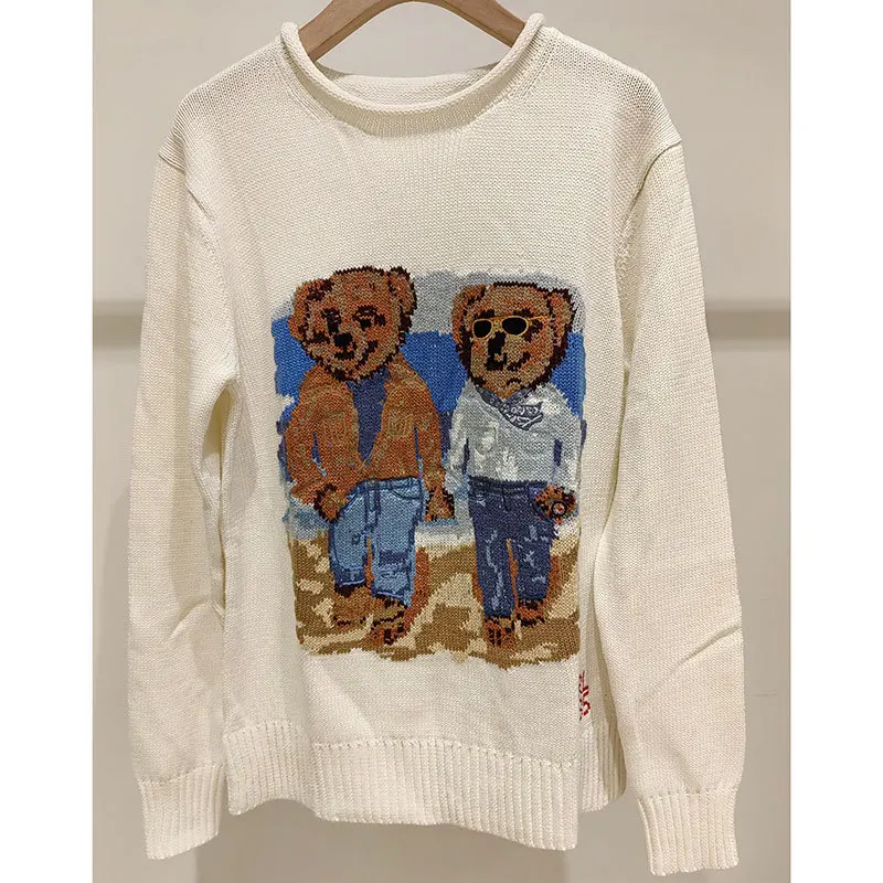 Spring and Autumn New Bear Embroidered Round Neck Long Sleeve Knitted Sweater Women's Sweater Cartoon Pattern Top Jacquard