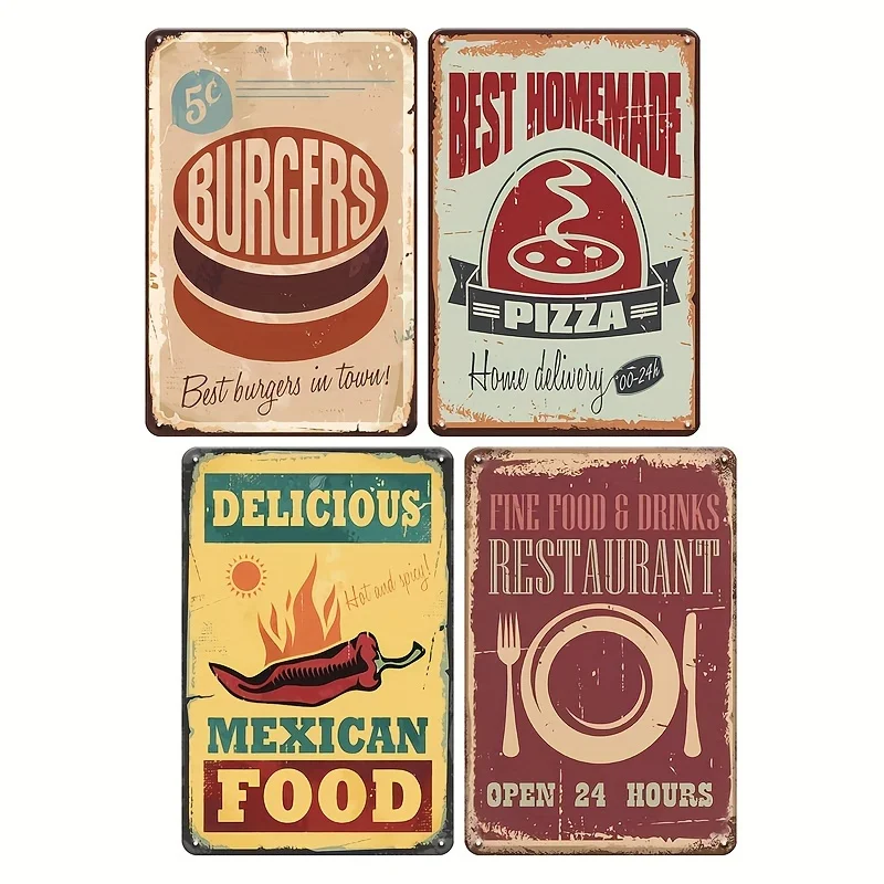 4pcs Vintage Metal Tin Sign Set, Delicious Food, Burger, Pizza, Mexican Cuisine Vintage Plaque, 30x20 Cm, For Home, Bar, Kitchen
