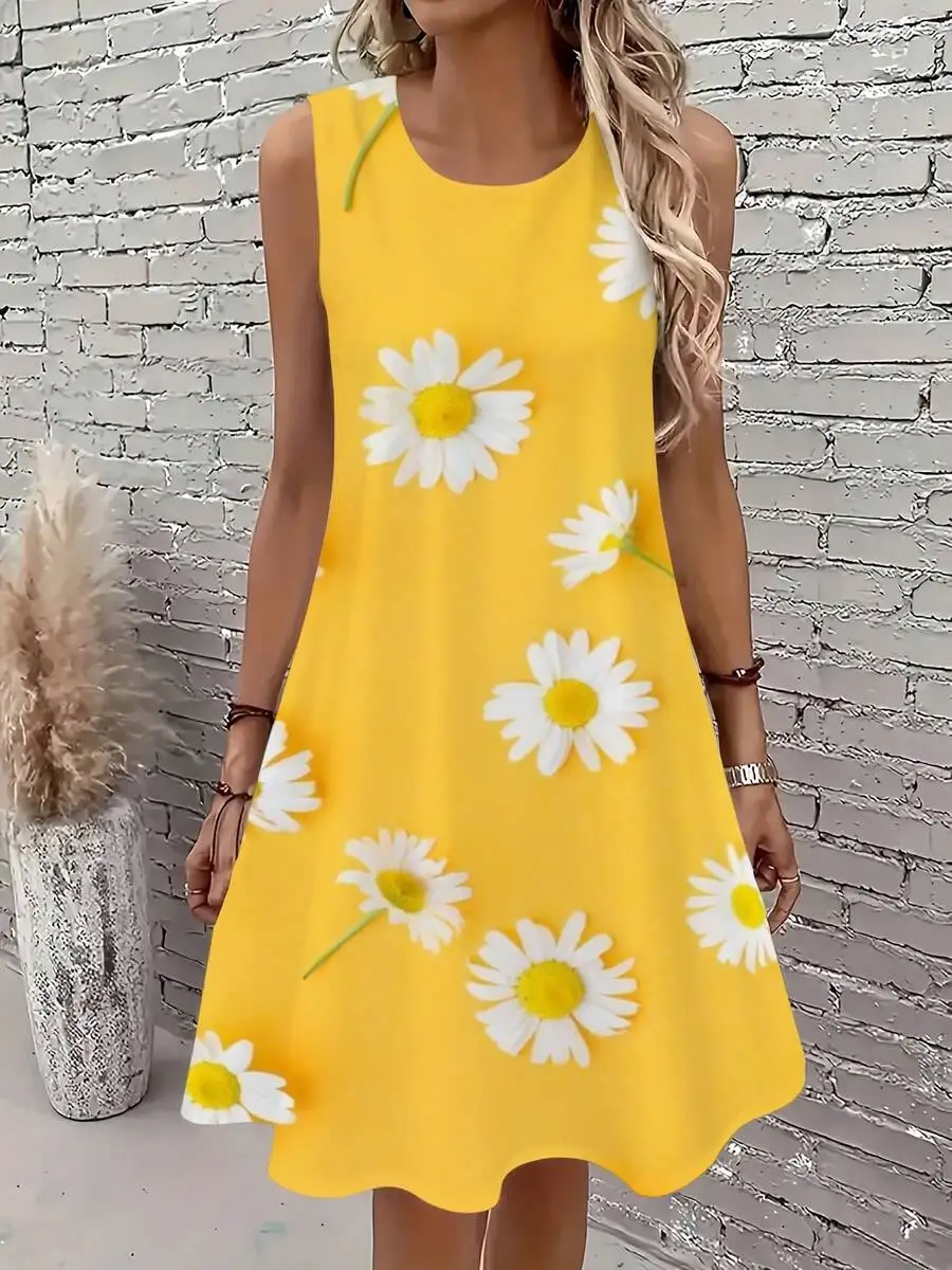 

Womens Yellow Daisy Print Sleeveless A-Line Dress Round Neck Casual Summer Loose Fit