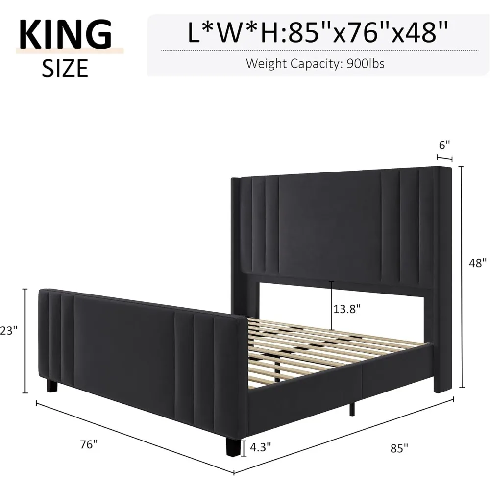 King Size Bed Frame, Velvet Upholstered Platform Bed with Vertical Channel Tufted Headboard & Footboard/Wingback