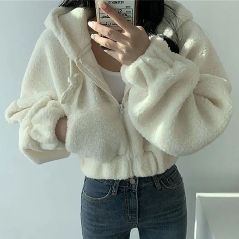 Deeptown Cropped Jacket Streetwear Y2k Tech Fleece Oversized Hooded Thick Coat Chic Casual Short Cardigan Varsity Korean Fashion