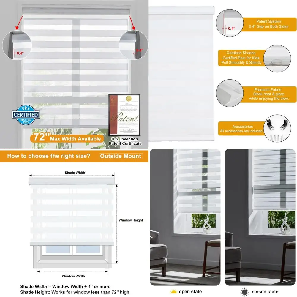 

Cordless Zebra Pattern Blinds, Light Filtering Dual Layer for Indoor Windows, Day and Night Use (46.5 W X 47 H, White)