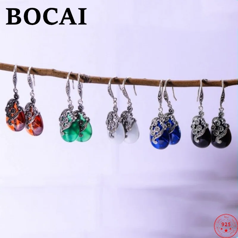 

BOCAI S925 Sterling Silver Earrings for Women New Fashion Agate Garnet Corundum Flower Ear Drop Studs Argentum Jewelry