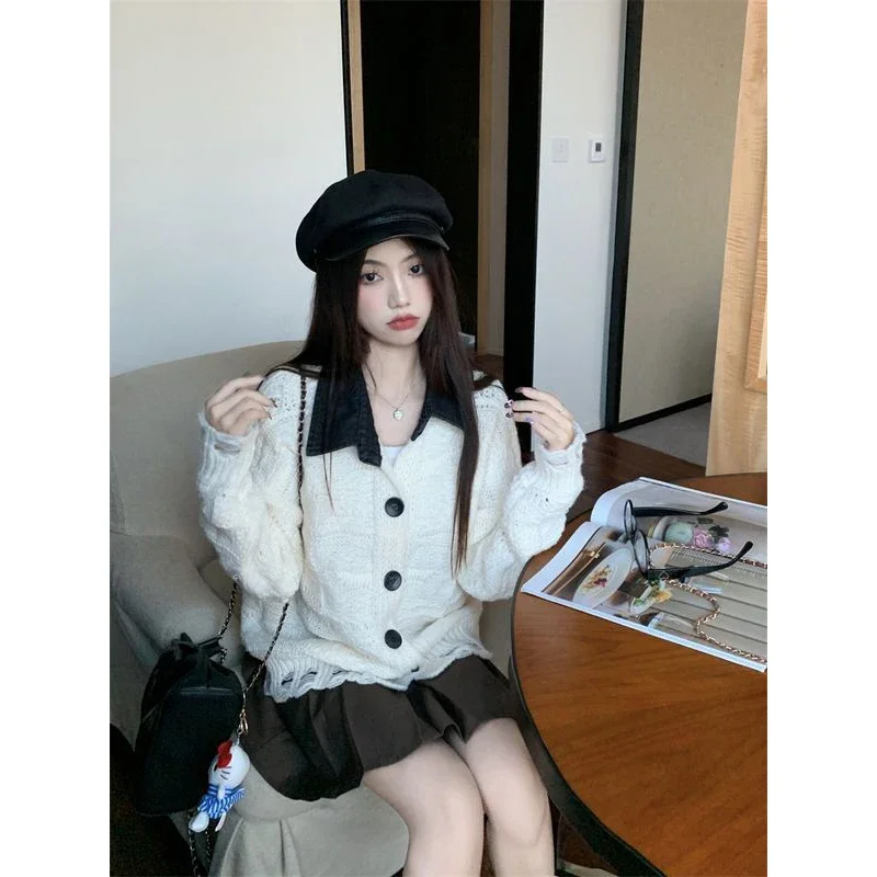 Fashion Hole Turn-down Collar Knitting Cardigan Coat Women Autumn Winter Simplicity Sweater Casual Office Lady Knitwear Tops