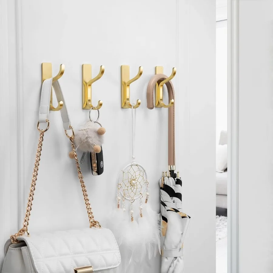 Heavy Duty Gold Adhesive Wall Hooks for Bathroom Door Closet Dorm RV Kitchen 13 lb Sticky Towel Hook for Hanging Coats Bags Key