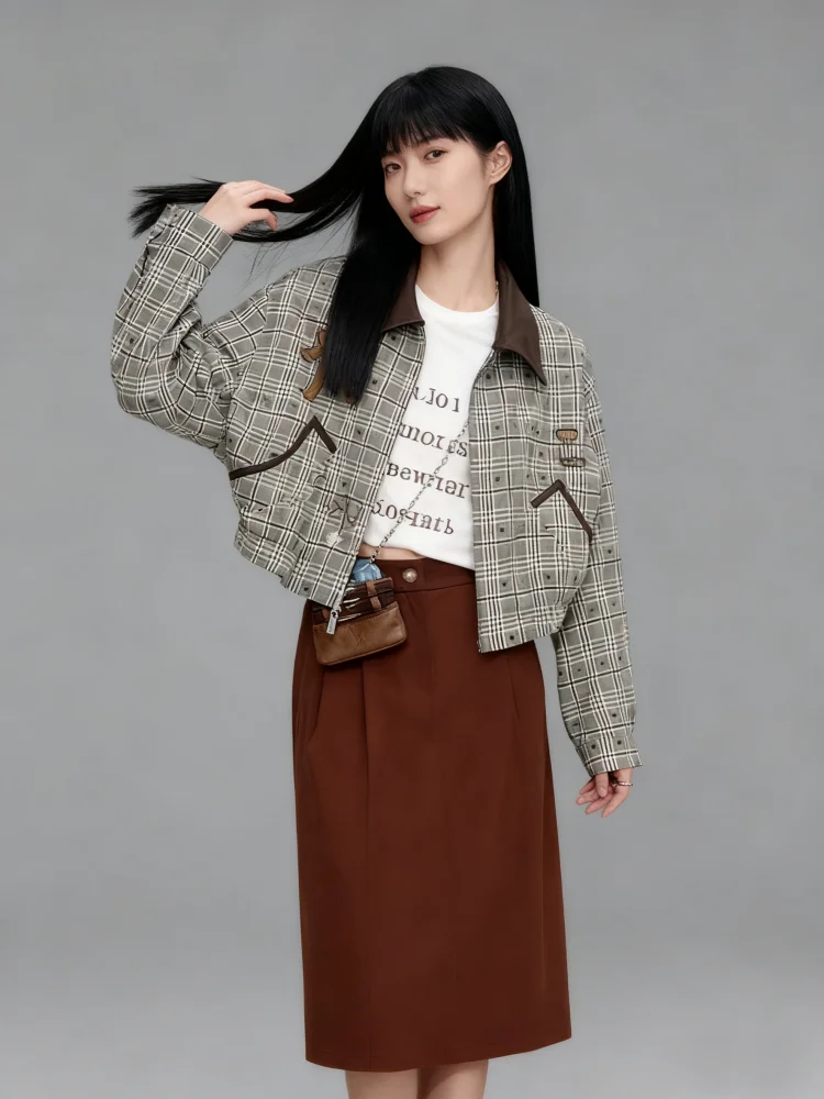 

Креативная женская куртка из искусственной кожи в клетку с воротником из искусственной кожи на весну и осень 2024, свободная универсальная модная верхняя одежда с сердечками