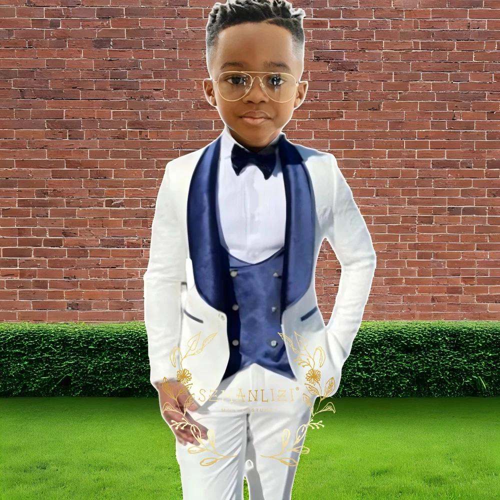 

Формальный белый костюм для мальчиков, комплект одежды, детский темно-синий бархатный жилет, свадебный костюм-смокинг, детский блейзер, костюм для вечеринки из 3 предметов