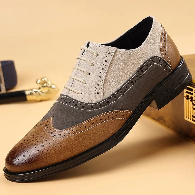 

Spring Autumn Men's Dress Shoes Retro Carved Leather Business Brogues Shoes Male Fashion Round Toe Low Heel Lace-up Oxford Shoes