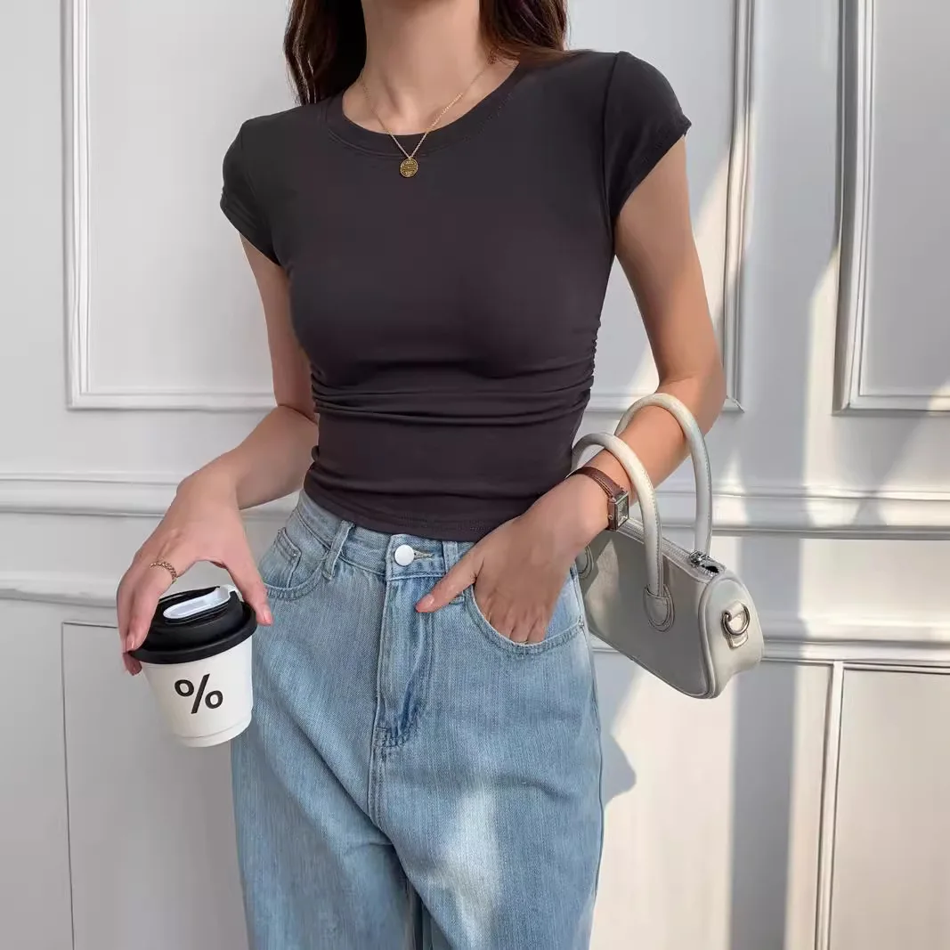 New Slim White T-shirt Women Casual Vintage Tee Shirt Femme Sexy Kpop Y2K Crop Top Woman Skinny Black Gray Fashion Clothes