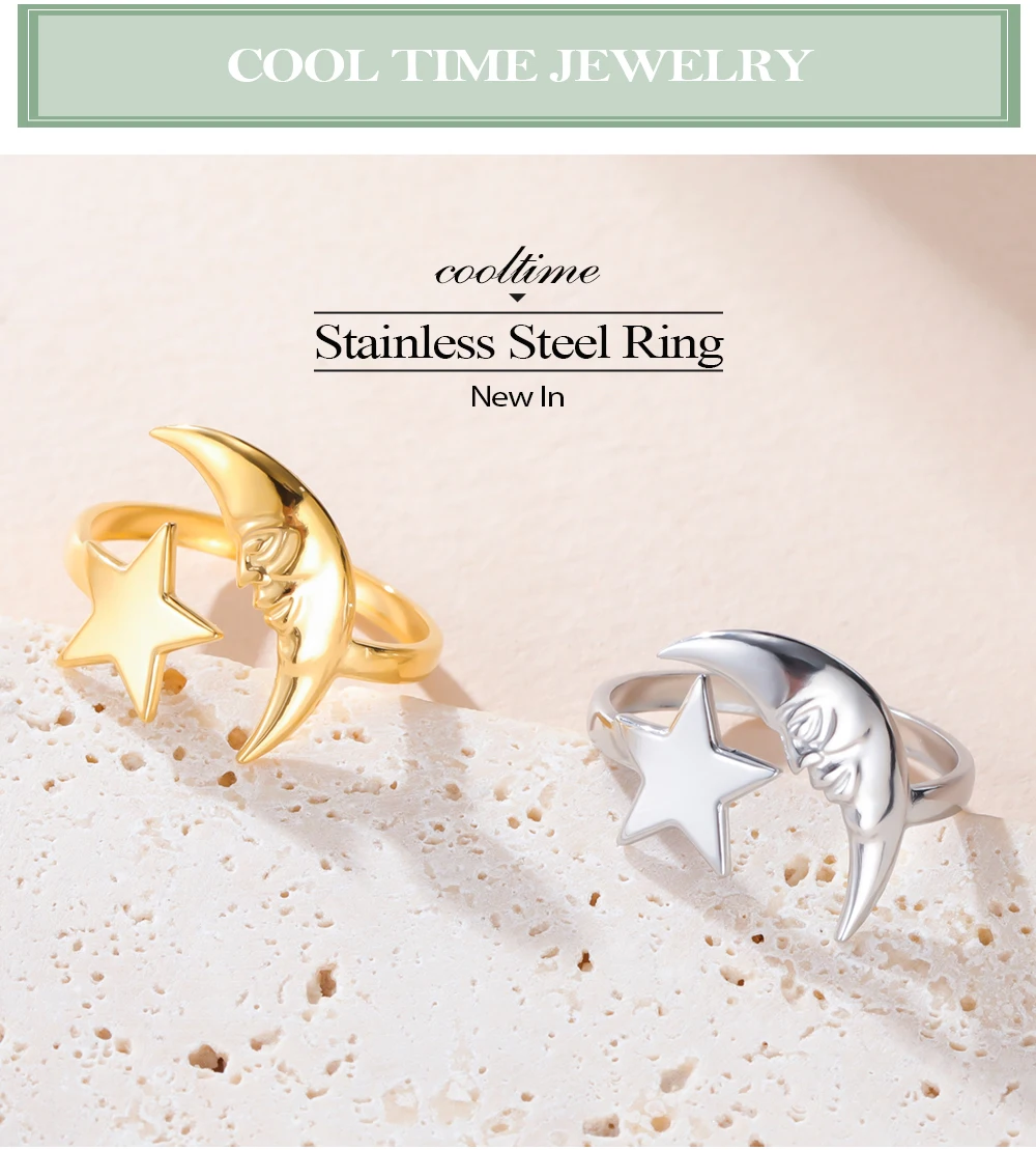 COOLTIME Star Moon Ring for Women Stainless Steel Trendy Minimalist Open Waterproof Ring Jewelry Gift New