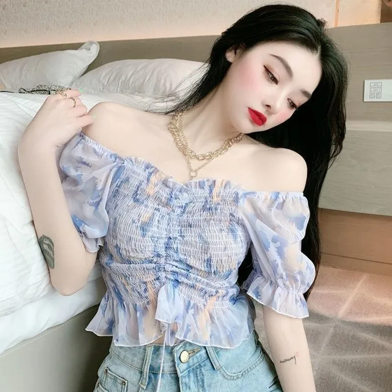 

Sexy ort Sve Dyed T Top Women's Summer Slimming One-oulder Bubble Sve Korean Sle Commute Faion Blouse