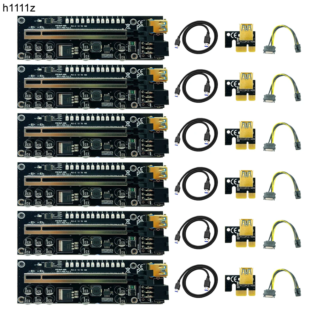 6PCS PCIE Riser V011 Pro Plus Riser for Video Card GPU USB 3.0 Cable Riser PCI Express X16 SATA to 6Pin Power For Bitcoin Mining