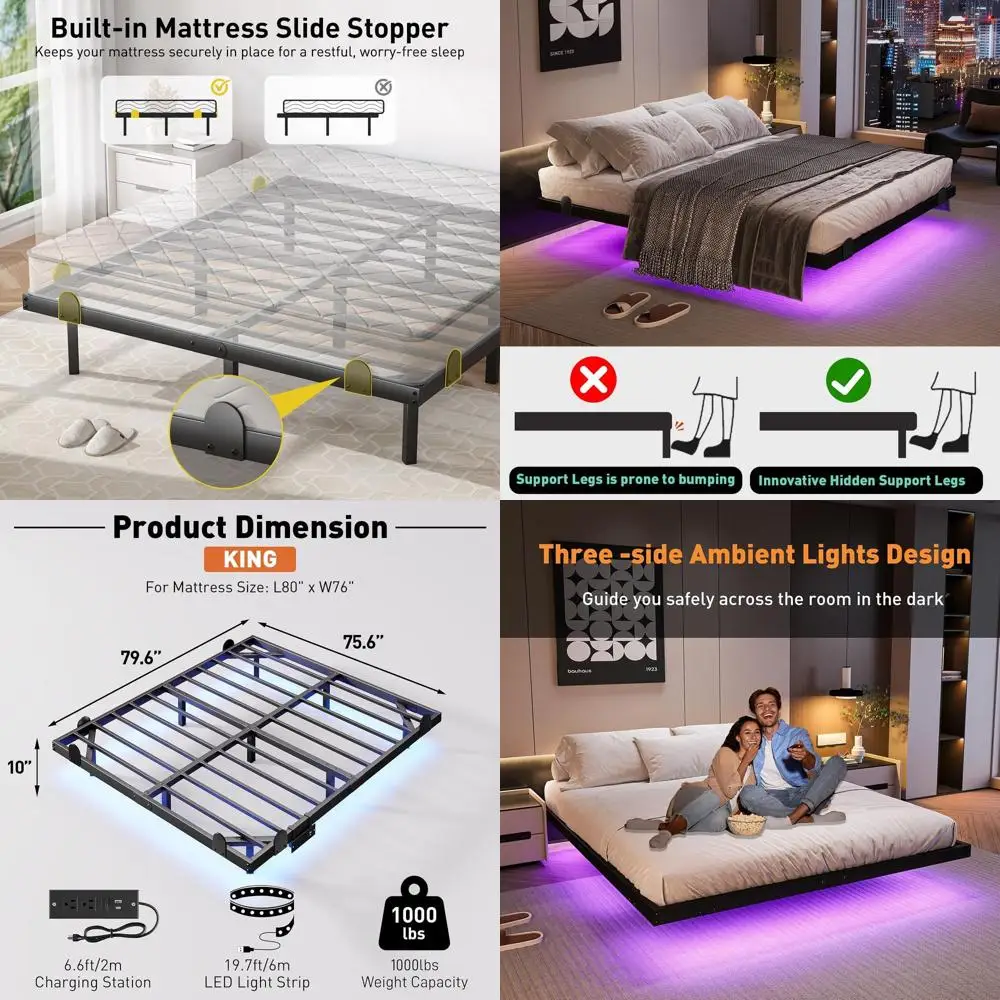 

10 Inch King Size LED Lighted Floating Bed with Charging Station, Easy Assembly, No Box Spring Needed