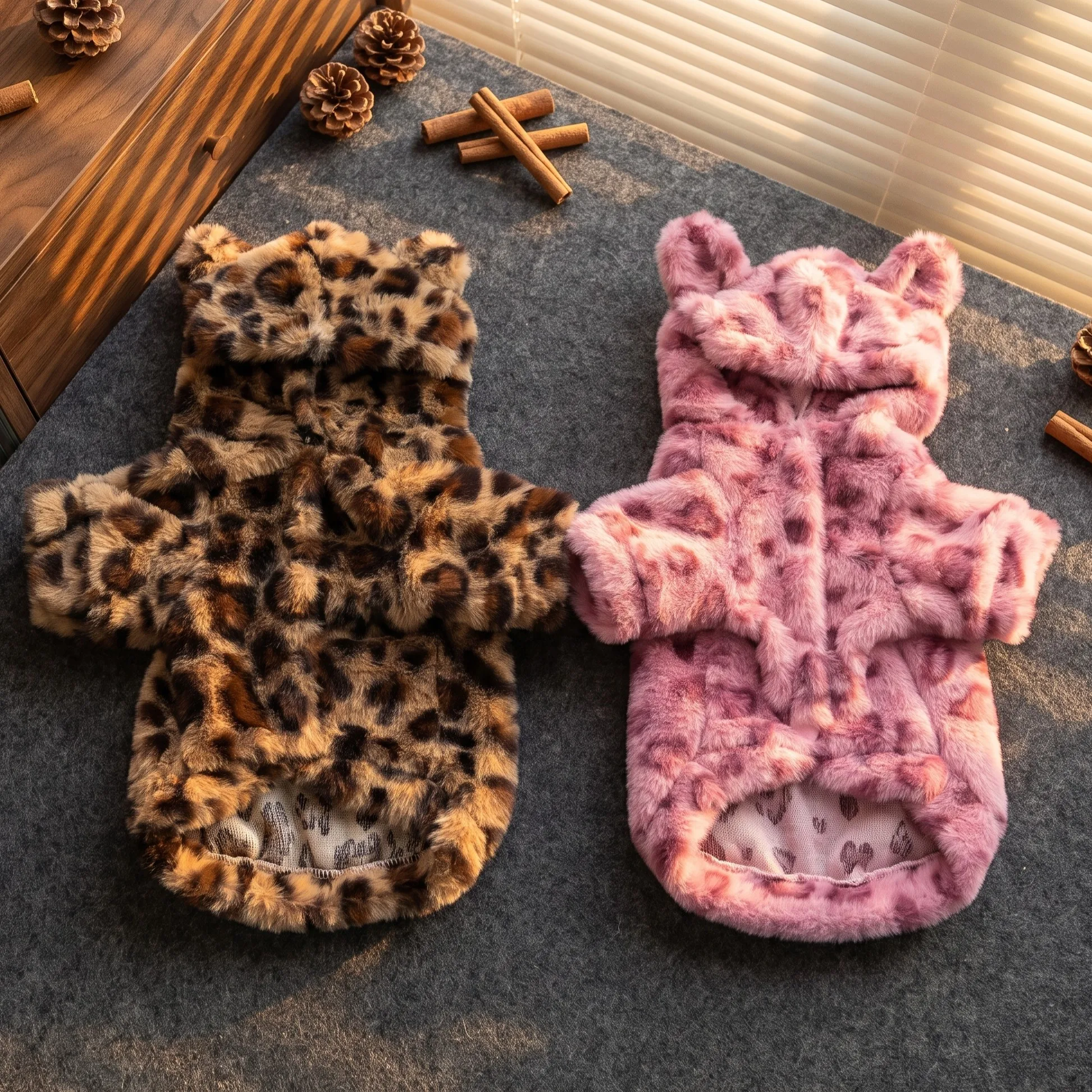 Hundejacke, Retro-Leopardenmuster, Kunstfell-Teddybär-Ohren, Kapuzenjacke mit Reißverschluss, dicke, flauschige, warme Haustierjacke – Detail 2