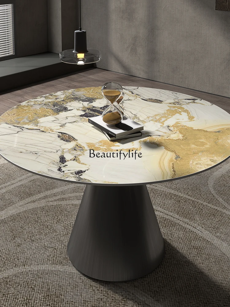 

03.Italian minimalist round rock slab dining table imported bright countertop modern simple light luxury large apartment home
