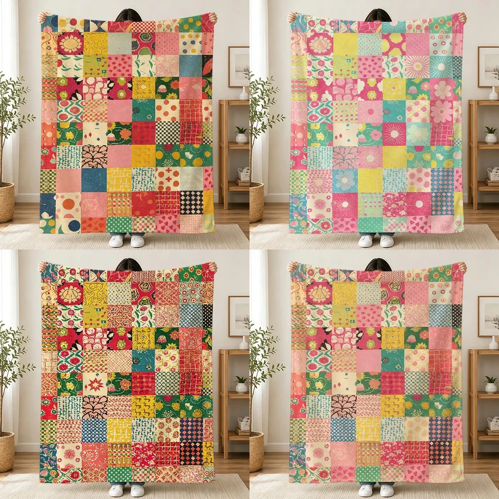 Retro Patchwork-Style Floral Checkered Pattern Blanket Printed Flannel Soft Warm Cozy Season Nap Bed Sofa Travel Gift Adult Kid