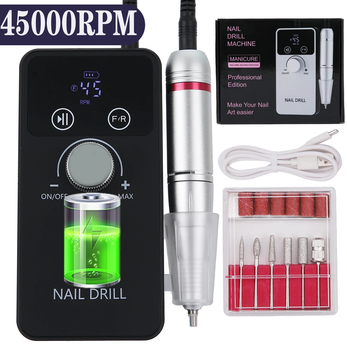 45000RPM Nail Drill Machine Set Rechargeable Portable Electric Nail File Grinding Head Kit Manicure Pedicure Tool